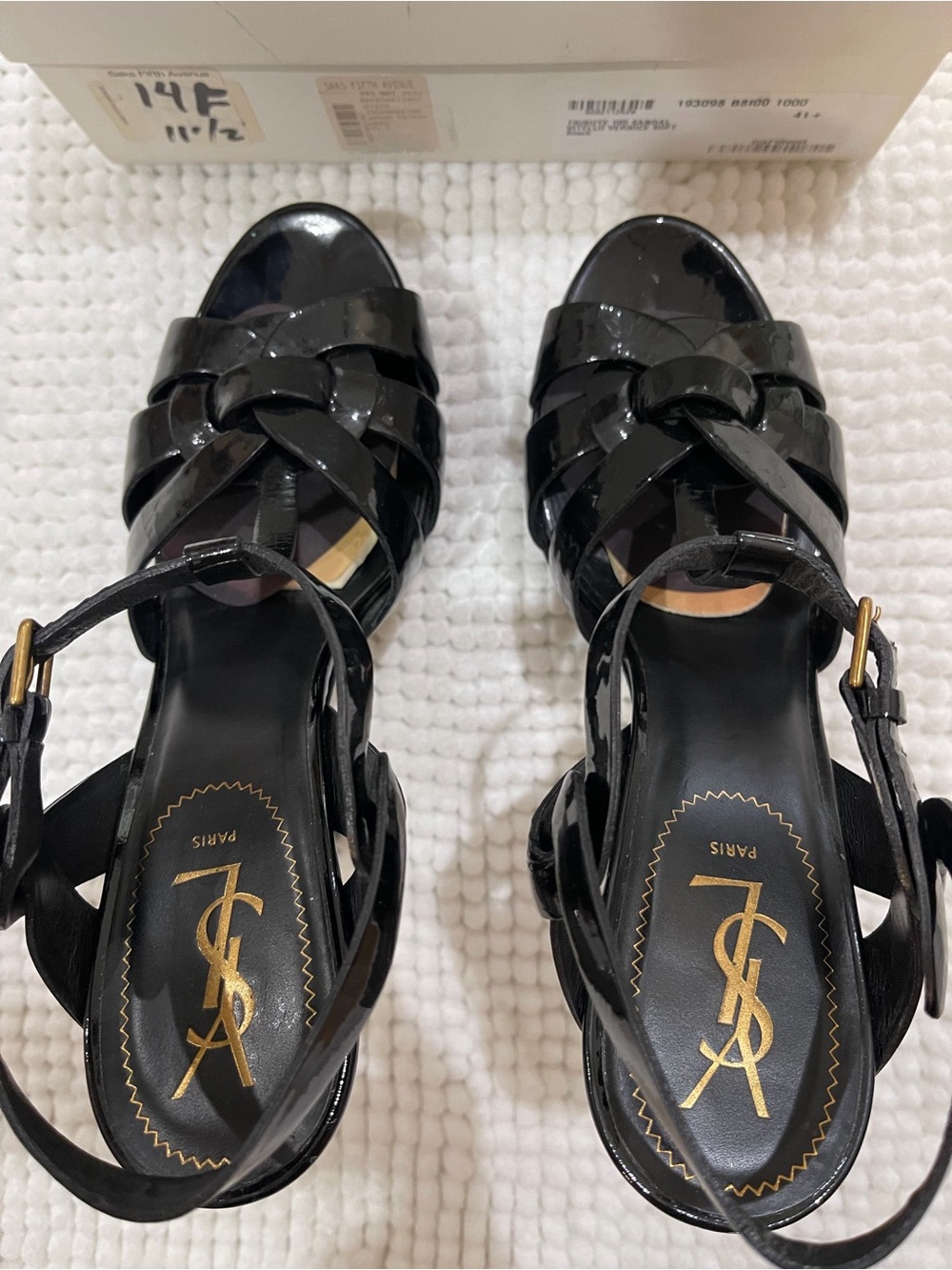 Saint Laurent Black Patent Leather T-Strap Woven Heels with Gold Accents - Picture 3 of 9